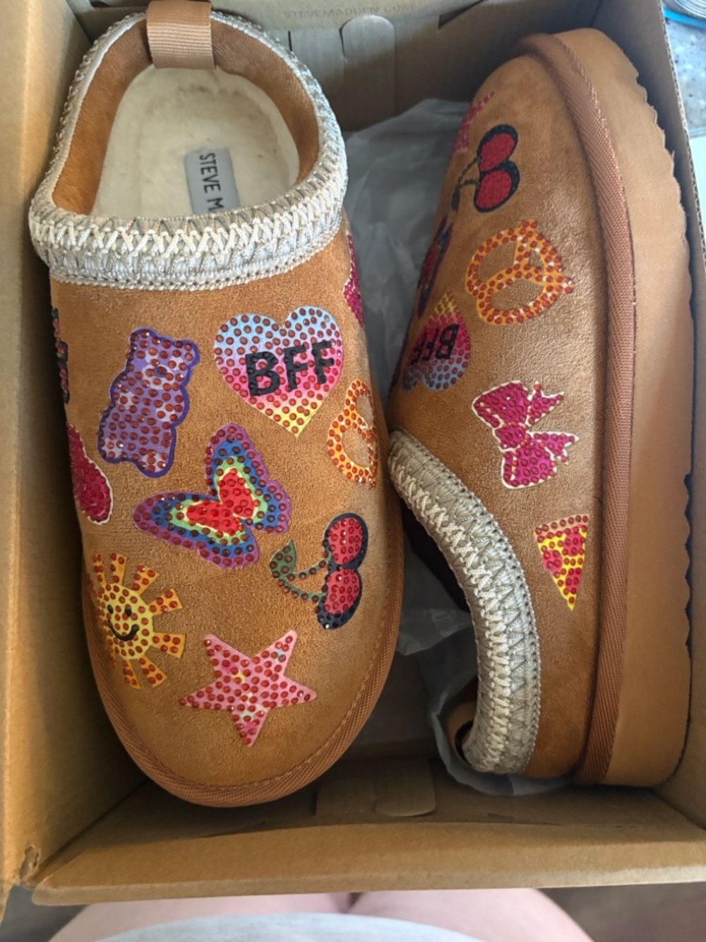 Steve Madden Kids Tan Slip-On Clogs with Multicolor Sequin Patches